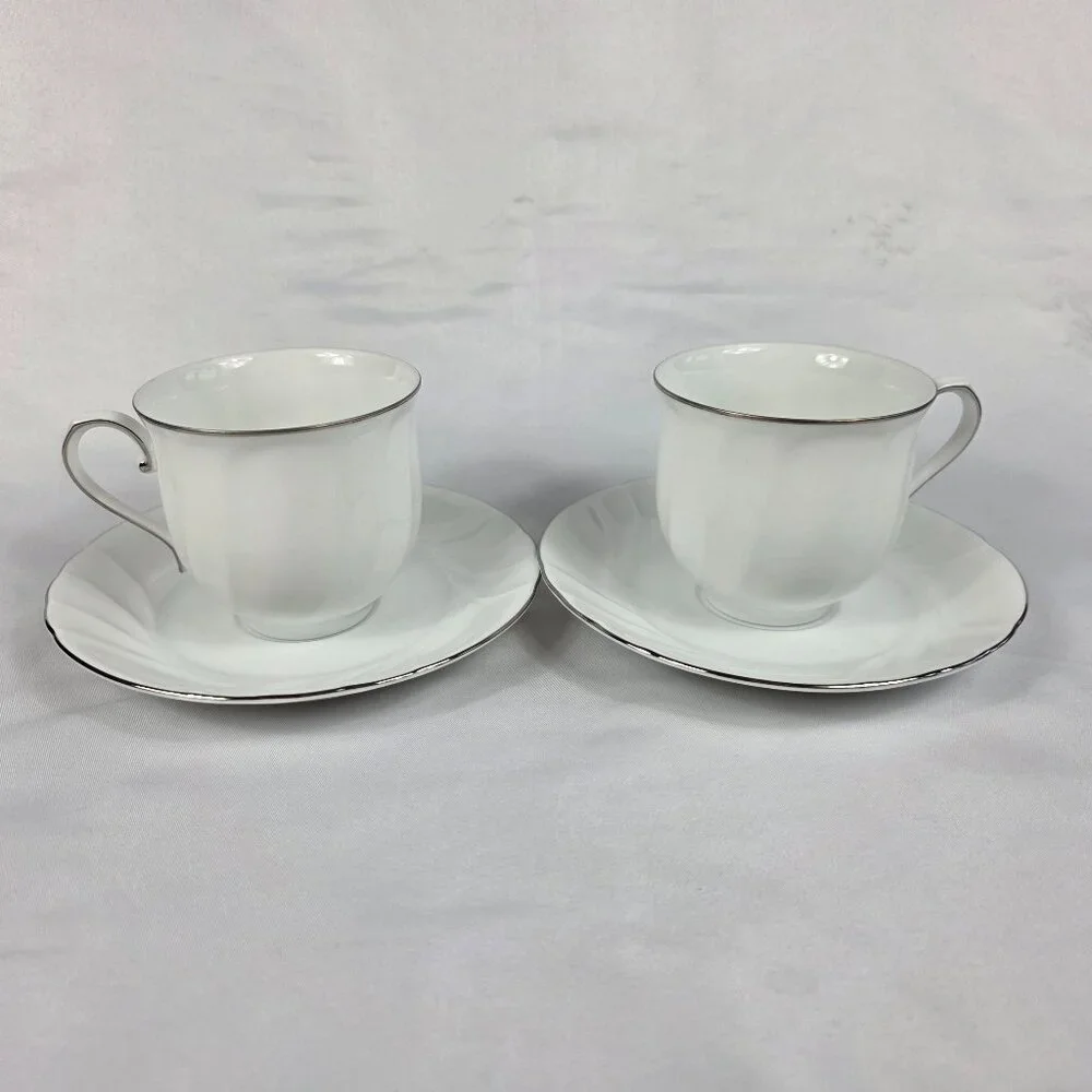 TWO (2) Mikasa Wedding Band Platinum Cup & Saucer Sets White Swirl Platinum Trim